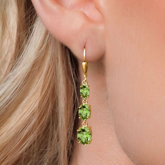 18K Yellow Gold with 5.64 Cttw 3 Stone Peridot Dangling Leverback Drop Earrings - Picture 2 of 5
